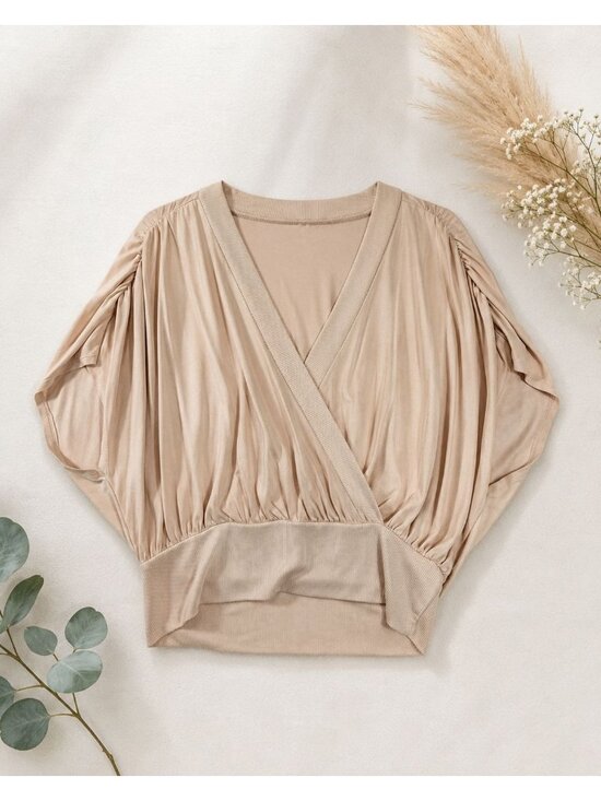 BCBGMaxAzria Tops - BCBGMAXAZRIA Women’s M Beige Surplice Dolman Sleeve Banded Hem Blouse